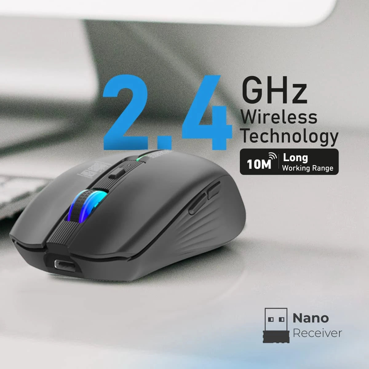 Promate Kitt Wireless Mouse, Ergonomic 500mAh Rechargeable LED Backlit Mice
