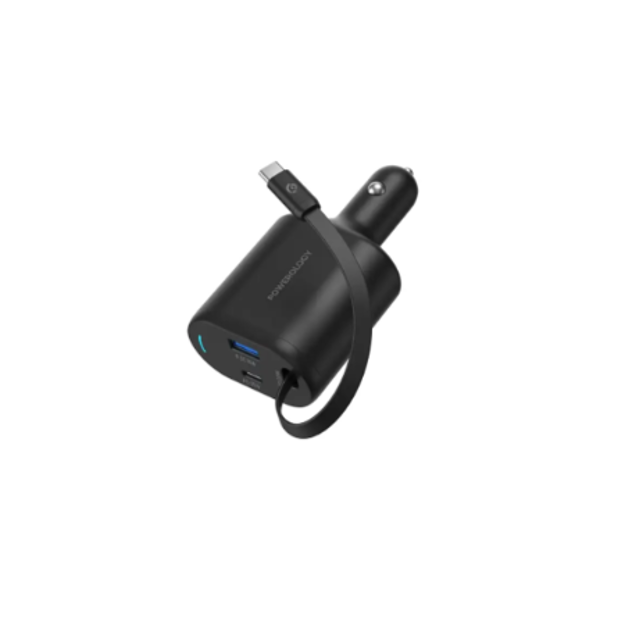 Powerology Dual Ports Car Charger 65W with Retractable Cable - Black