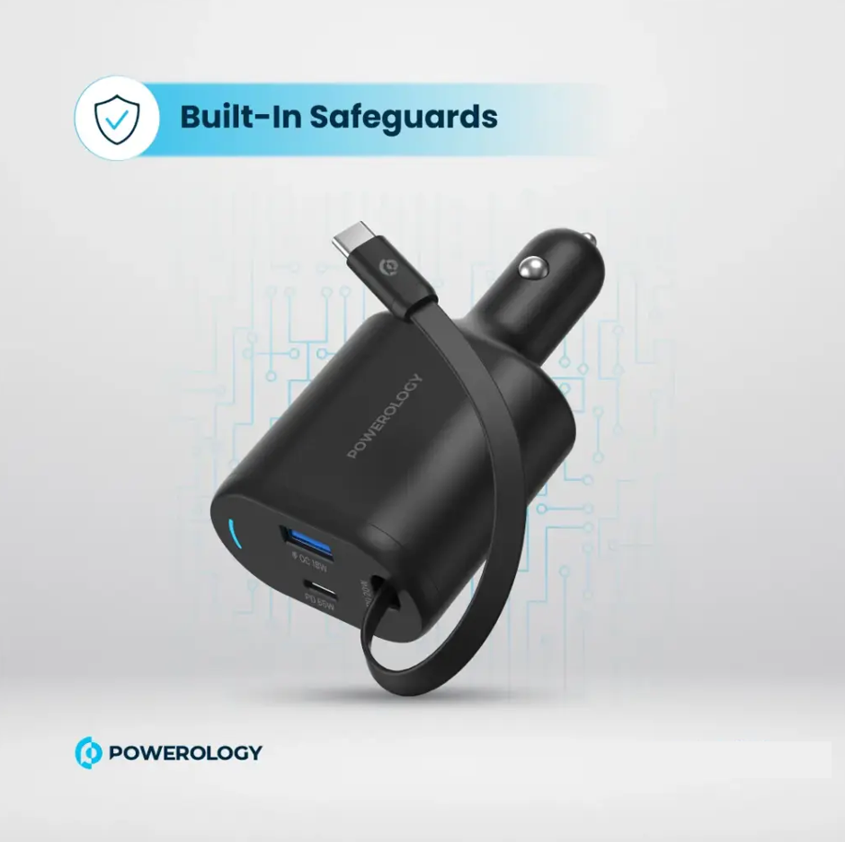 Powerology Dual Ports Car Charger 65W with Retractable Cable - Black