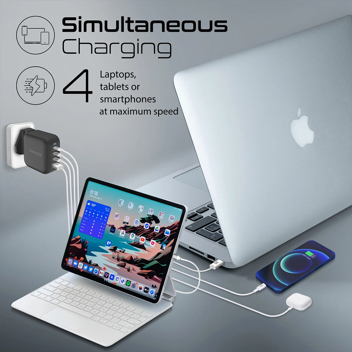 Promate GaNPort4-100PD Super-Fast 100W Dual USB-C Power Delivery Wall Charger