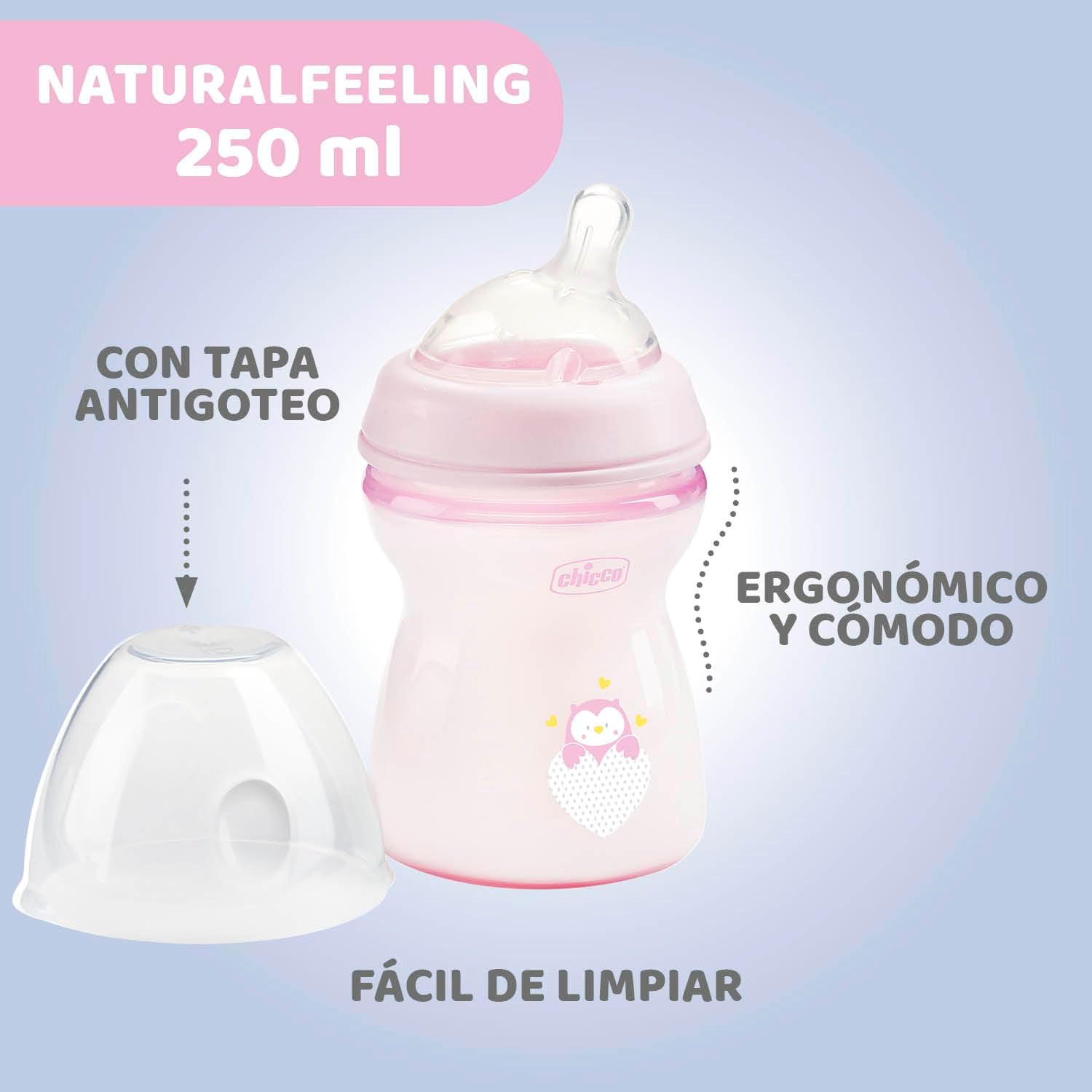 Chicco Natural Feeling Baby Bottle 250ml Anti-Colic 2M+ - Pink