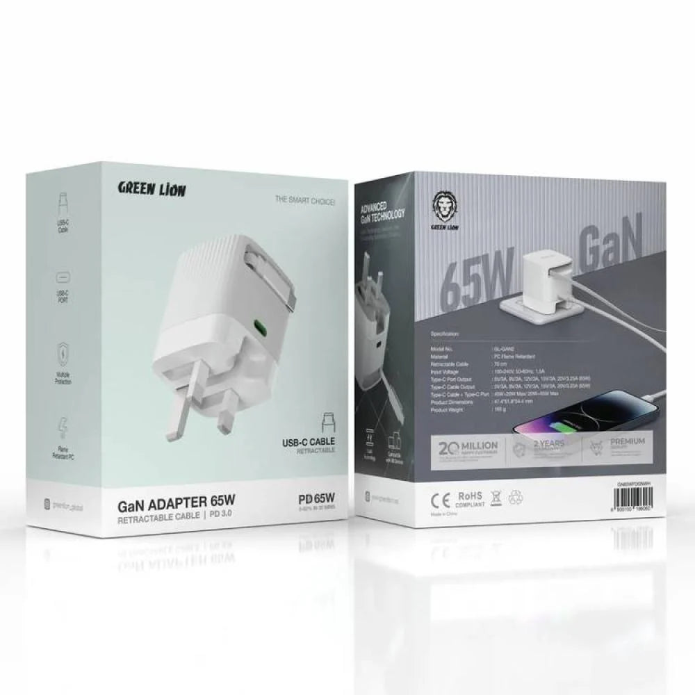 Green Lion GaN 65W Charger with Retractable USB-C Cable