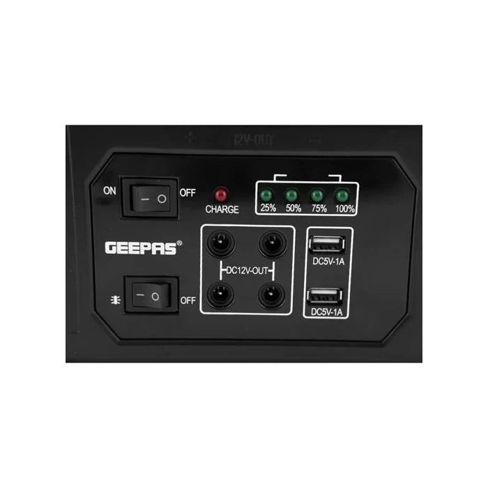 Geepas GPS5593N Power Caster | Solar Panel | 2 High Power LED Lights | 4 LED with 5M Cable | Dual USB Charging Ports | Battery Indicator