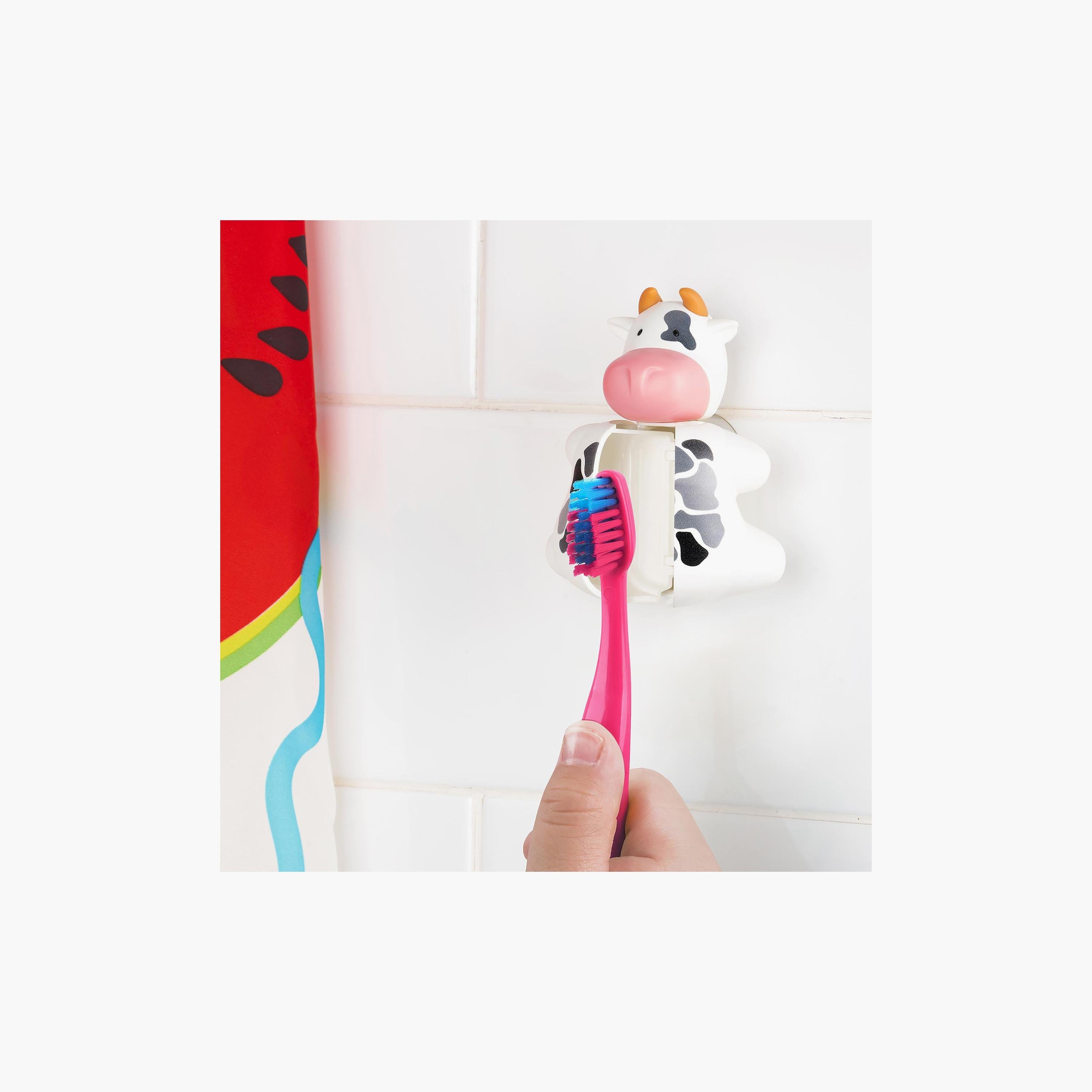 Flipper Fun Animal Toothbrush Holder with Suction Cup for Kids, Cow