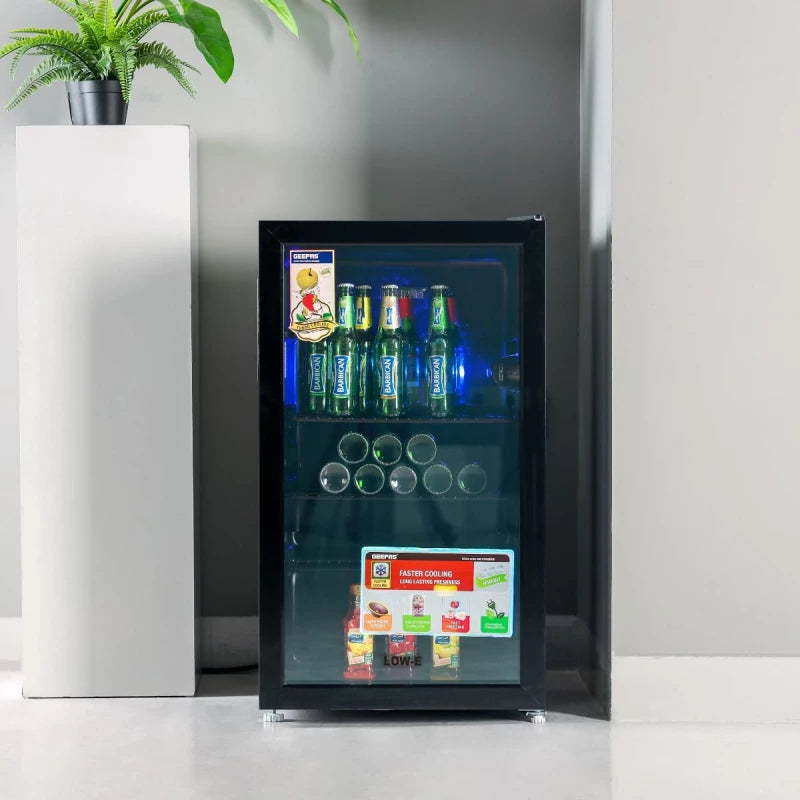 Geepas GSC1223 120L Showcase Chiller – Low-E Double Glass Door, LED Light, Quick Cooling | Black