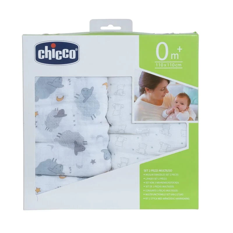 Chicco Baby Swaddles 2-Pack – Muslin Cotton Bear & Grey Sheep