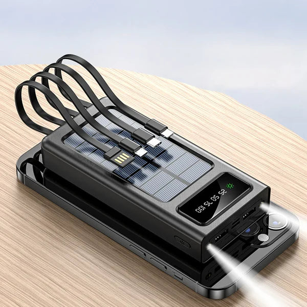 Solar Power Bank 20000mAh | LED Light | 4 Built-in Cables | 22.5W Fast Charging