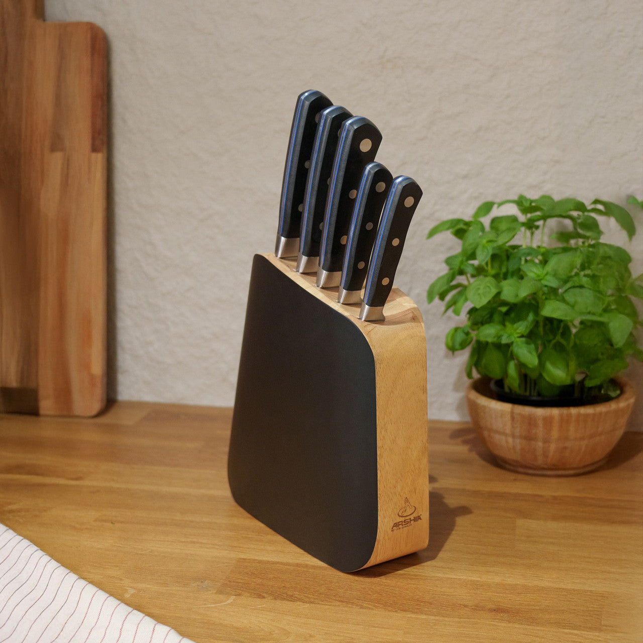 Arshia 6-Piece Knife Set with Wooden Stand – Sharp Stainless Steel Blades & Elegant Display Block