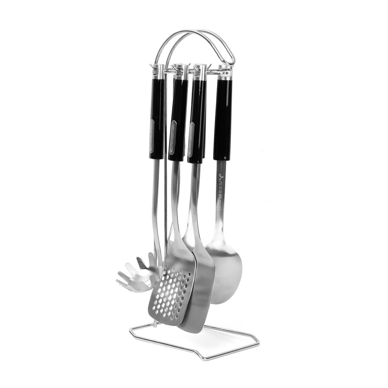 Arshia 7-Piece Stainless Steel Kitchen Utensil Set – Chrome Finish, Non-Slip Handles & Elegant Holder