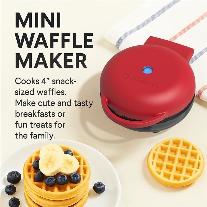 Nutricook NC-WM100R Mini Waffle Maker | 350-420W | Ceramic Coating | Fast Heating | Red
