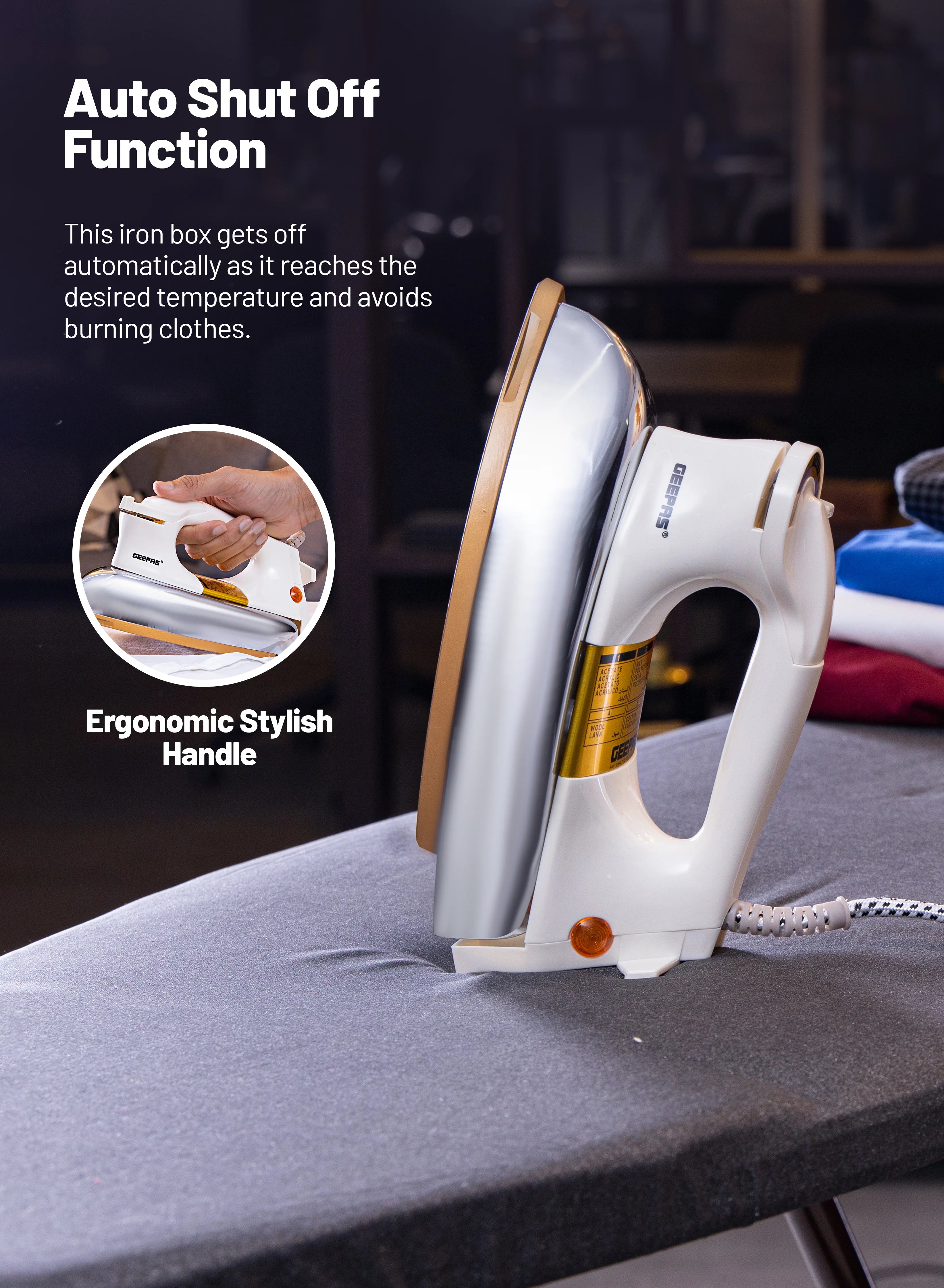 Geepas Heavyweight Dry Iron 1200W Teflon Non-Stick Soleplate