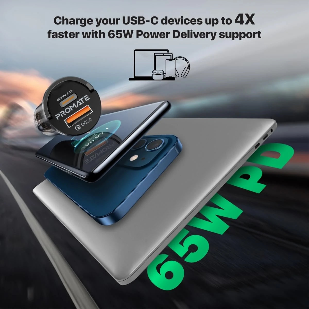 Promate TransDrive-65W - RapidCharge™ Transparent Mini Car Charger with Power Delivery & QC 3.0