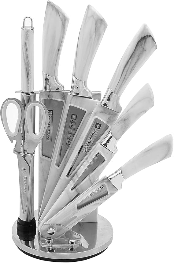 Royalford 8-Piece Knife Set with Rotating Stand – White