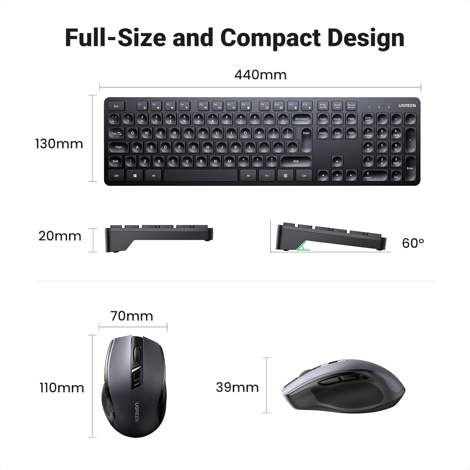 UGREEN MK006 Wireless Keyboard & Ergonomic Mouse Combo, Black