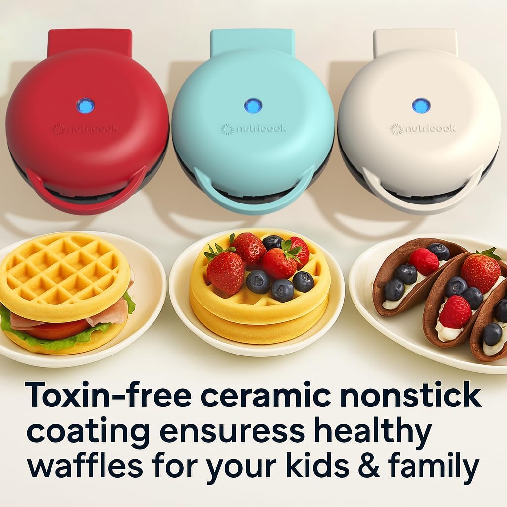 Nutricook NC-WM100R Mini Waffle Maker | 350-420W | Ceramic Coating | Fast Heating | Red
