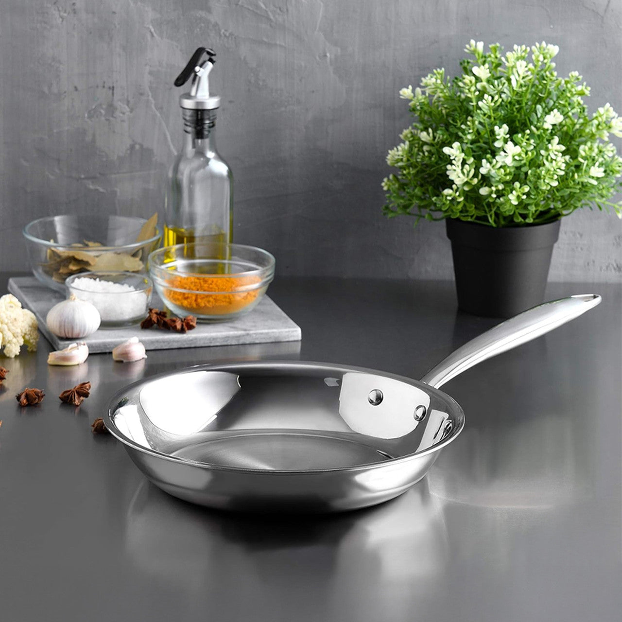 Arshia 26cm Tri-Ply Stainless Steel Frying Pan with Aluminum Core