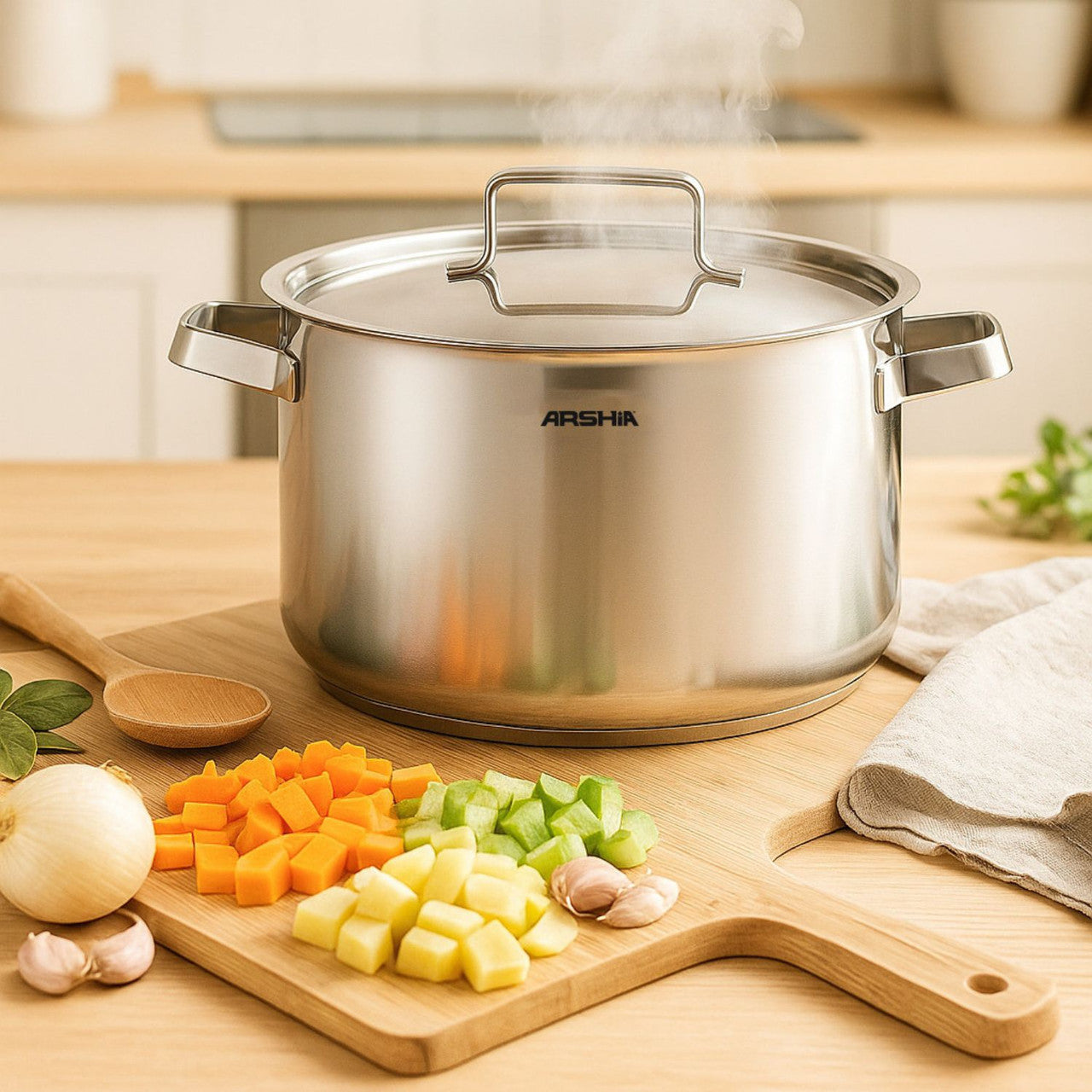 Arshia 22cm Stainless Steel Cooking Pot with Metal Lid