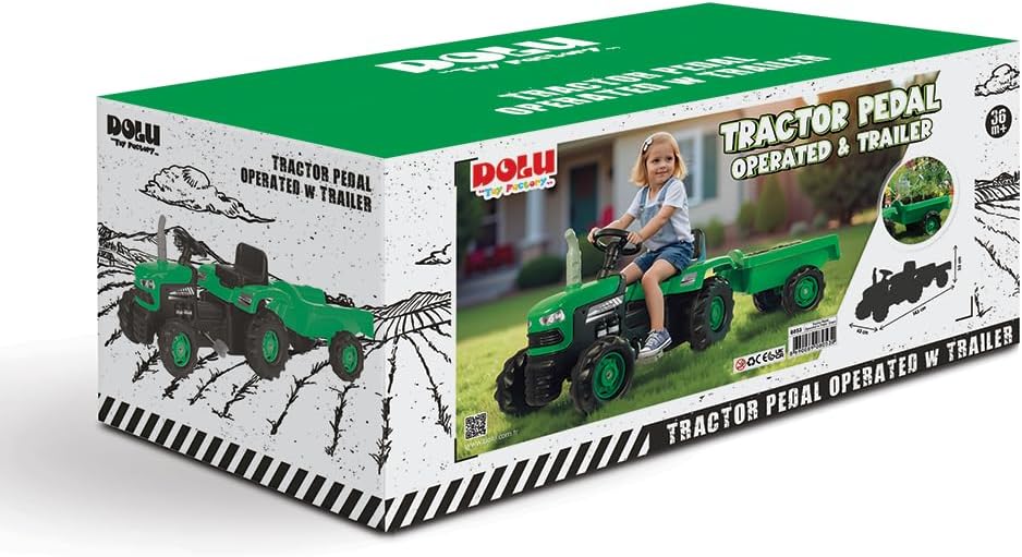 DOLU Pedal Operated Big Green Tractor with Trailer – Kids Ride-On Toy
