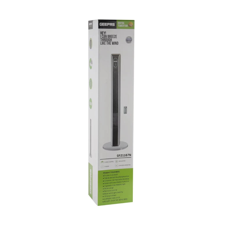 Geepas GF21167N Digital Tower Fan with Remote Control - 50W, 3 Speeds, Oscillating