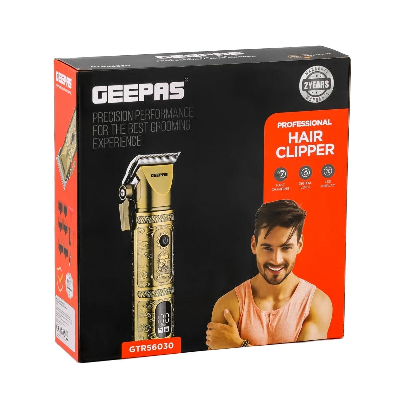 Geepas GTR56030 Professional Hair Clipper – Cordless & Corded, 200-Min Runtime, LED Display, 6 Combs | Golden