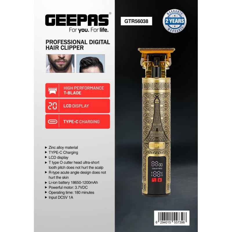 Geepas GTR56038 Professional Digital Hair Clipper – T-Blade, 180-Min Runtime, LCD Display, Type-C | Golden & Black