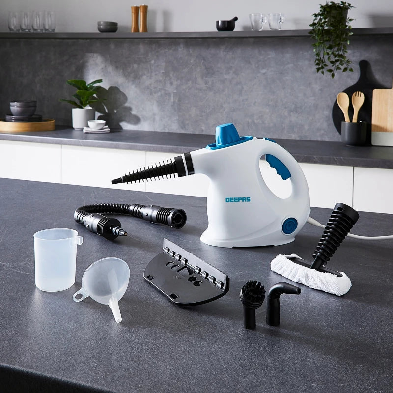Geepas GSC63064UK Handheld Steam Cleaner – 1050W, 380ml Tank, 9 Accessories, 110°C Steam | Blue & White