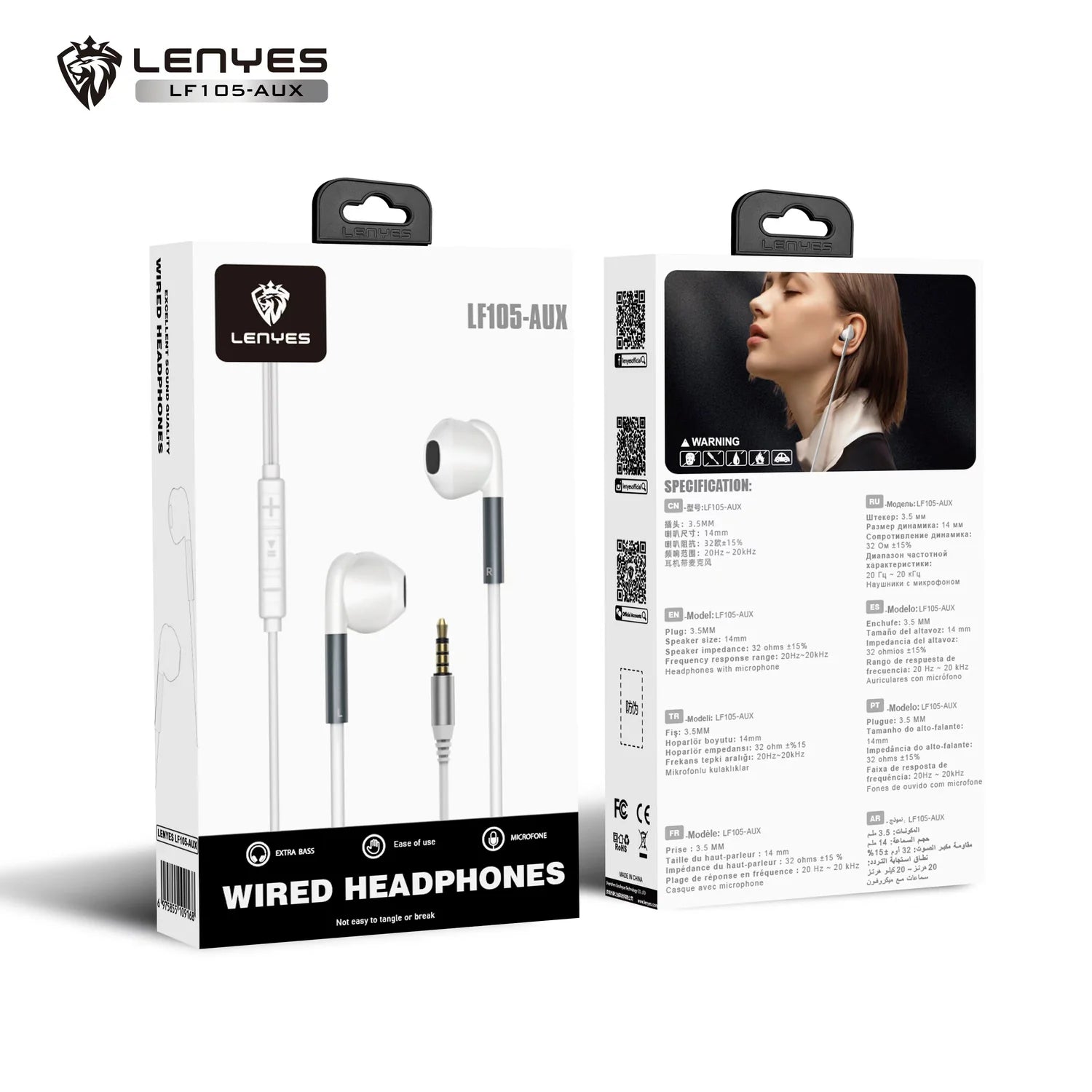 Lenyes LF105 AUX Earphones – Hi-Fi Sound, Mic, 1.2m Cable