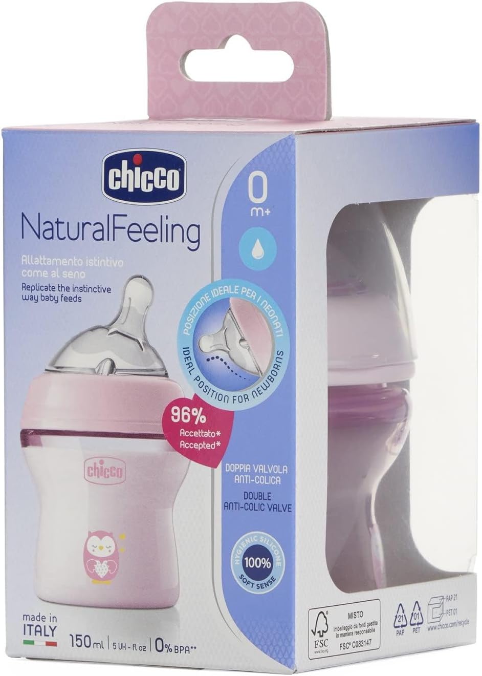 Chicco Natural Feeling Bottle 150ml Anti-Colic 0M+ - Pink
