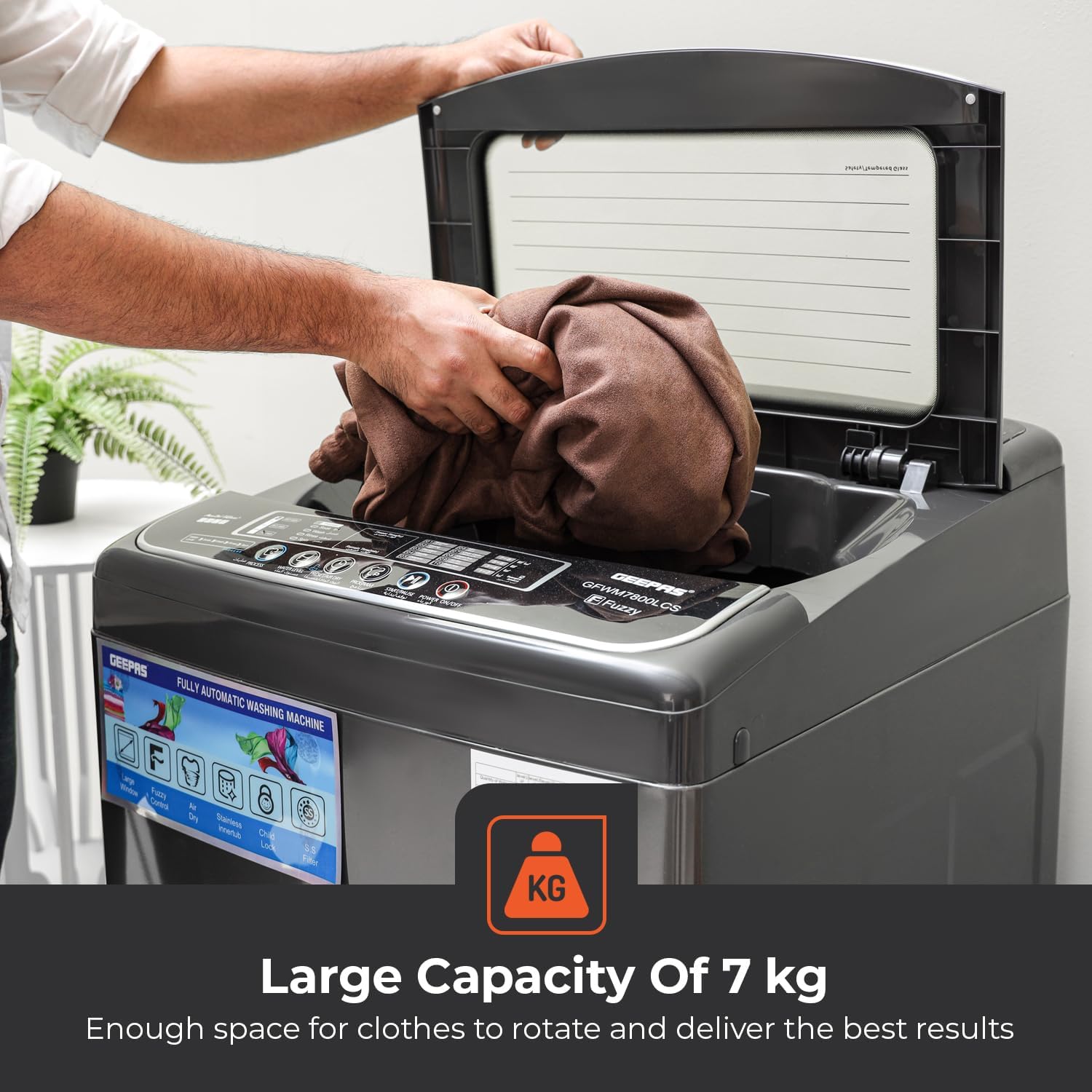 Geepas Fully Automatic Top Load Washing Machine 7KG | Stainless Steel Inner Basket | IMD Controls | Auto Off Memory Power | Auto Balancing | Silver | GFWM7800LCQ