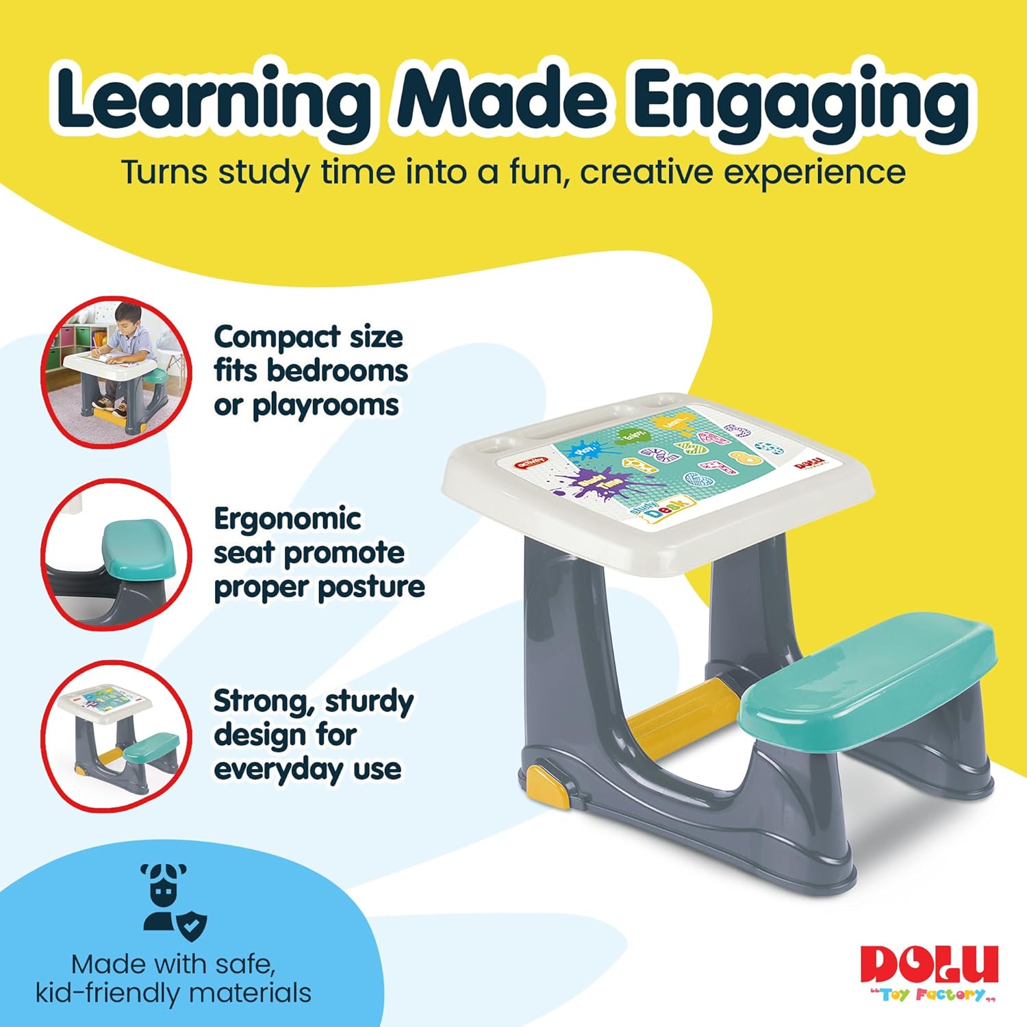 DOLU Kids Study Desk with Seat – Grey | Wooden Children's Learning Table | No Assembly Required