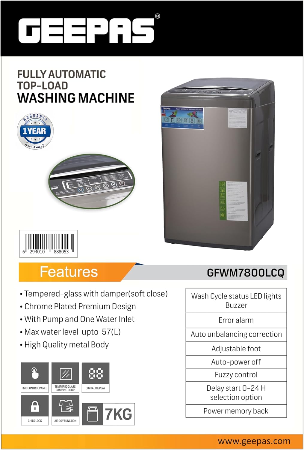 Geepas Fully Automatic Top Load Washing Machine 7KG | Stainless Steel Inner Basket | IMD Controls | Auto Off Memory Power | Auto Balancing | Silver | GFWM7800LCQ