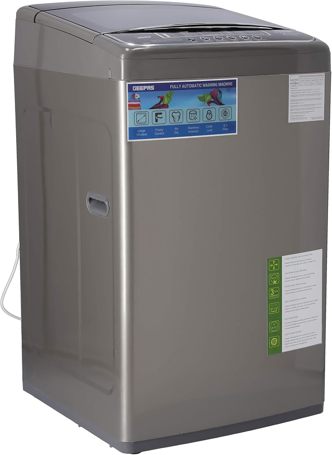 Geepas Fully Automatic Top Load Washing Machine 7KG | Stainless Steel Inner Basket | IMD Controls | Auto Off Memory Power | Auto Balancing | Silver | GFWM7800LCQ