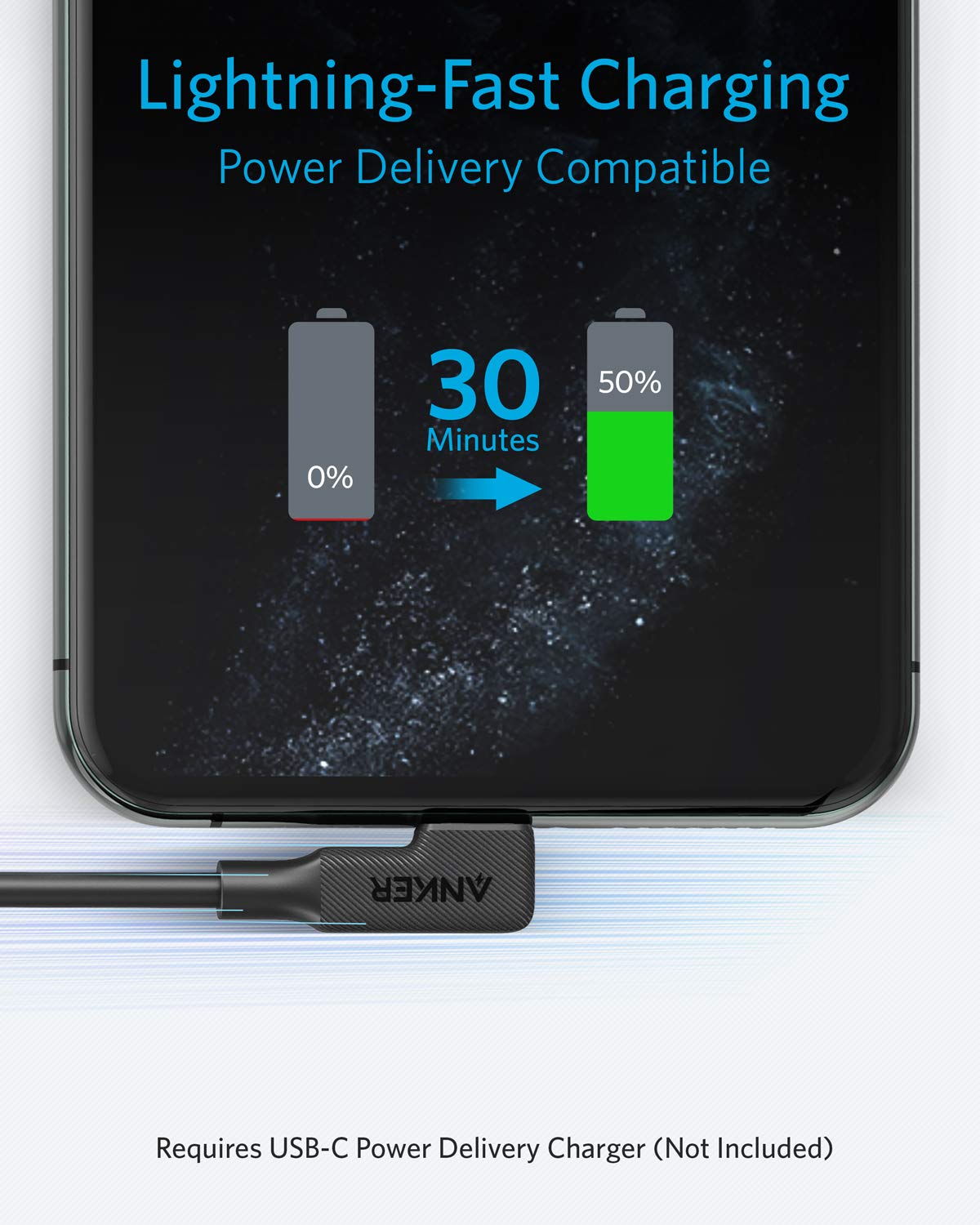 Anker PowerLine C to Right Angle Lightning cable 6ft - Black