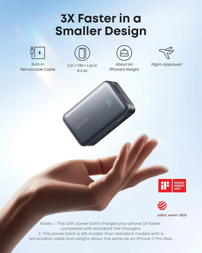 Anker Nano Power Bank 10,000mAh 45W with Built-In Retractable USB-C Cable