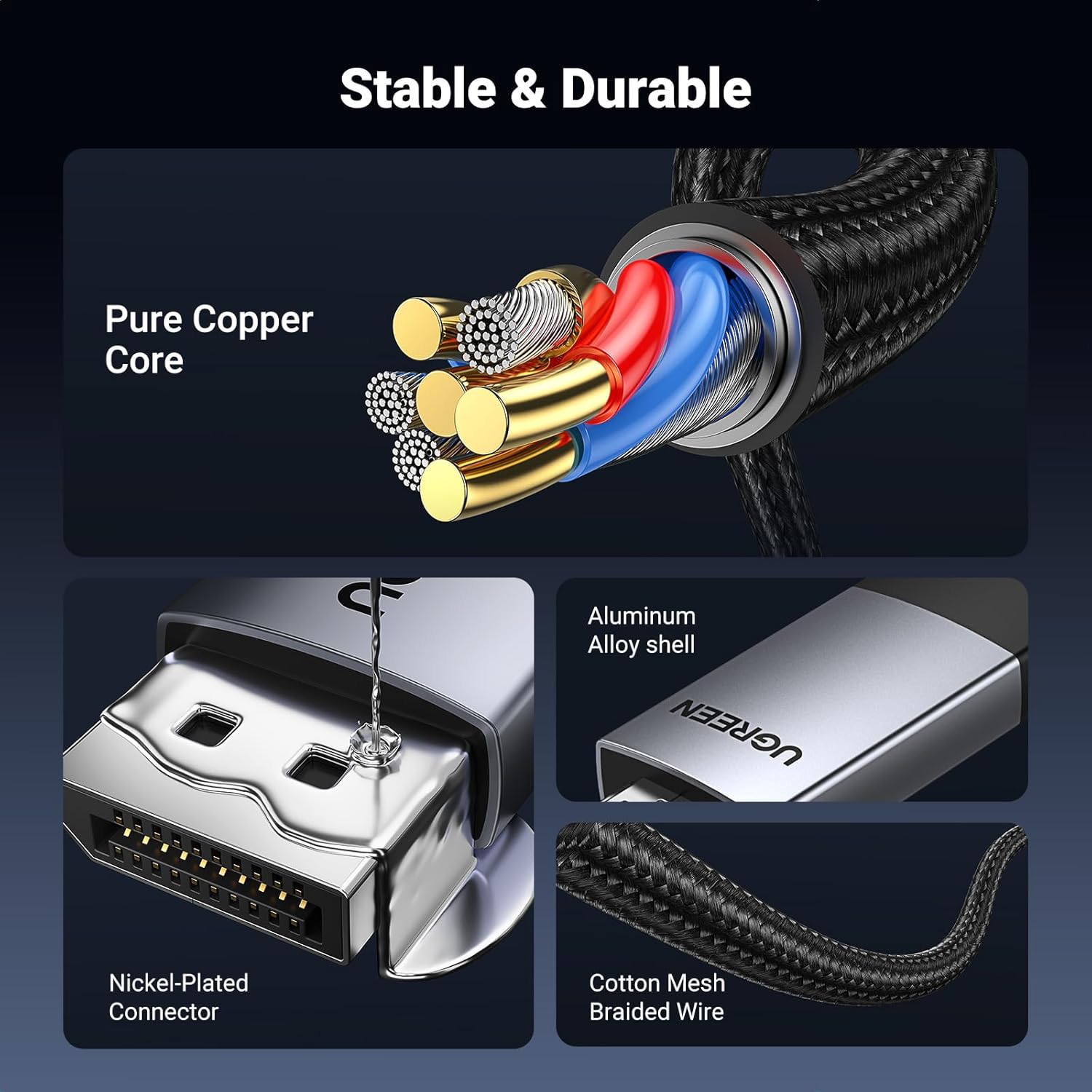 UGREEN 4K@60Hz DisplayPort to HDMI Cable HDR Active DP 1.2 to HDMI 2.0 Cord Aluminum Braided 6.6FT