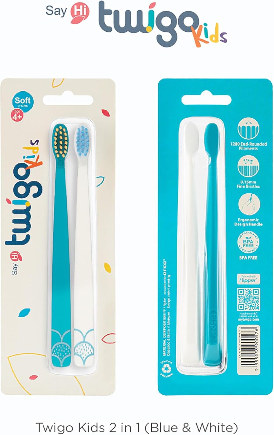 Flipper Twigo BPA Free Extra Soft Kids Toothbrush Twin Pack | Ages 3+ | Malaysia