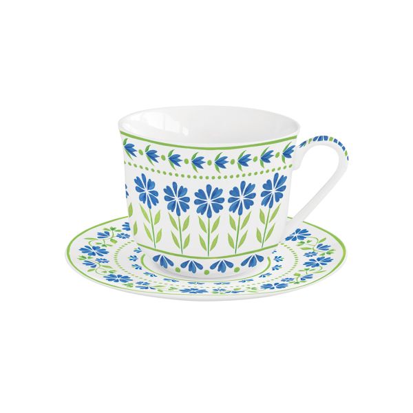Easy Life Flowers Garden 370ml Tea Cup & Saucer Set - Blue & Green