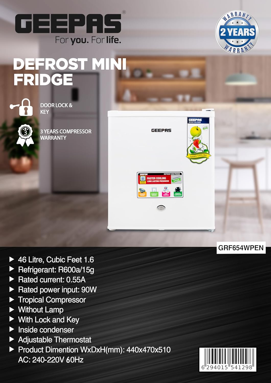 Geepas GRF654WPEN 60L Refrigerator | Compact | Energy Saving | White
