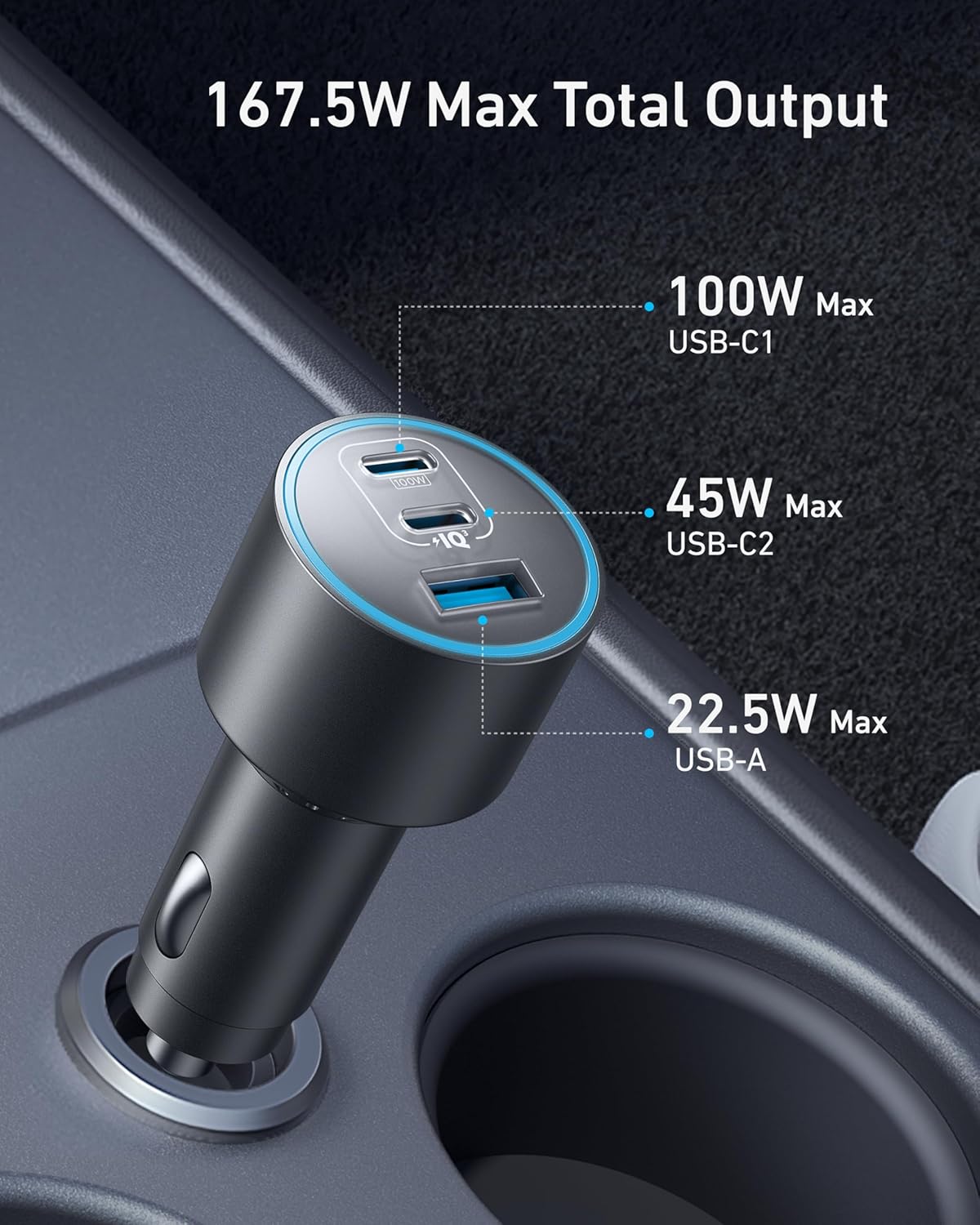Anker 167.5W 3-Port USB-C Car Charger – 100W + 45W + 22.5W