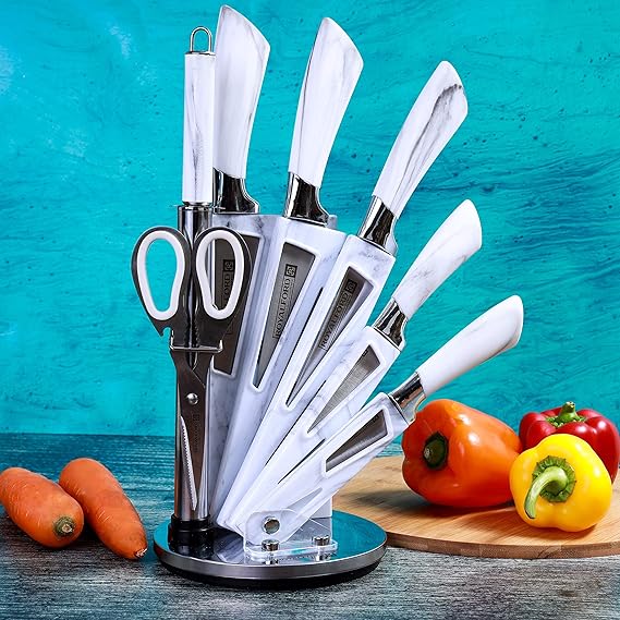 Royalford 8-Piece Knife Set with Rotating Stand – White