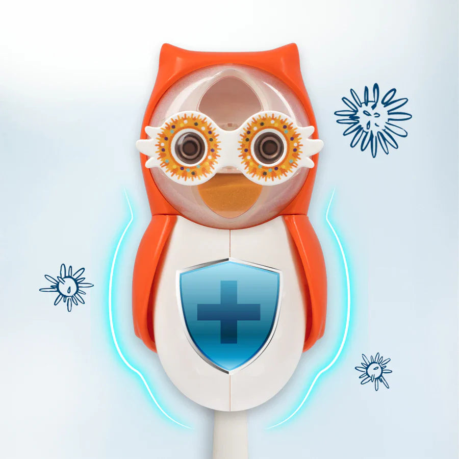 Flipper Kids Hygienic Toothbrush Holder with 1-Minute Timer - Owl Shape (Orange)