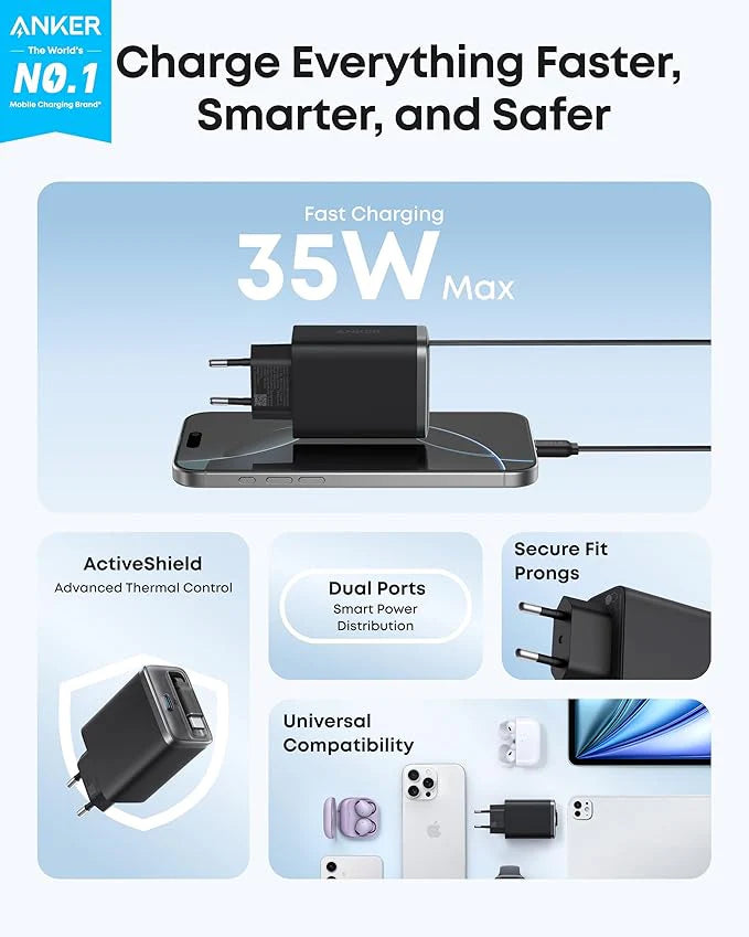 Anker Nano Charger 35W with Built-In Retractable USB-C Cable - Dual Port Fast Charger