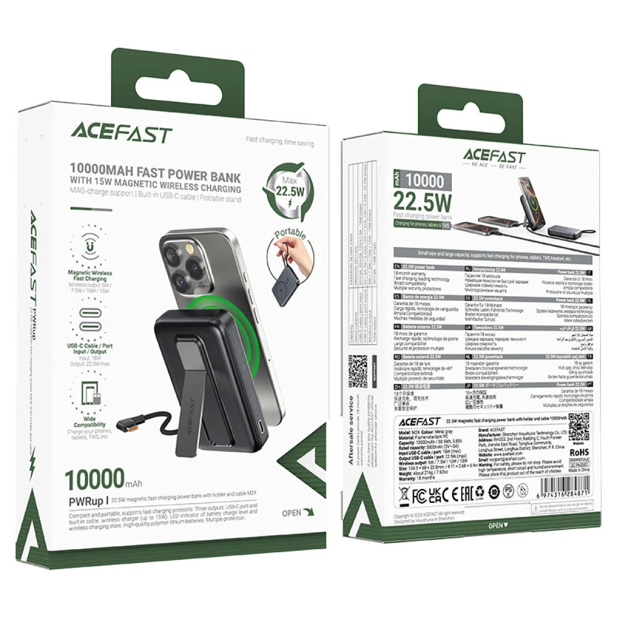 ACEFAST 10000mAh Fast Power Bank | Magnetic Wireless Charging | 22.5W | Foldable Stand | USB-C Cable