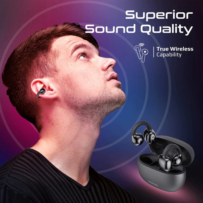 Promate AirClip AudioFit™ Open Ear Clip On TWS Earbuds w/ IntelliTouch - BLACK