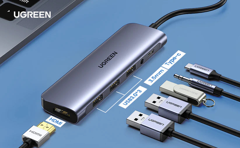 UGREEN USB-C Hub with HDMI, 3×USB-A, 3.5mm Audio, and PD 100W