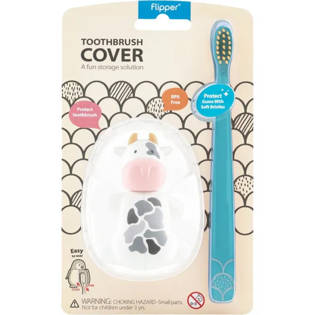 Flipper - Fun Animal Toothbrush With Holder for Kids - Cow (Colour May Vary)
