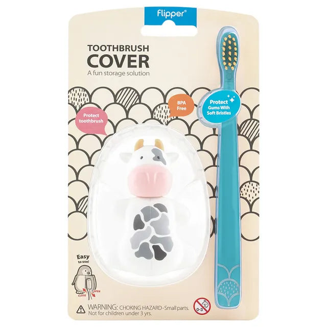 Flipper - Fun Animal Toothbrush With Holder for Kids - Cow (Colour May Vary)