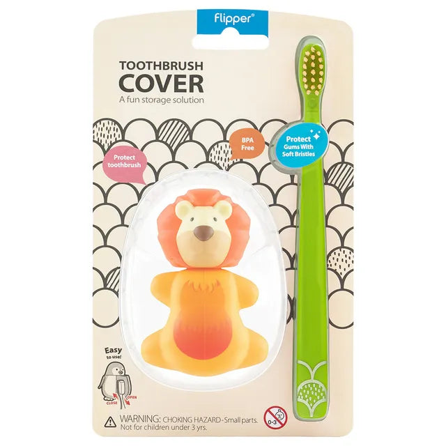 Flipper - Fun Animal Toothbrush With Holder for Kids - Lion (Colour May Vary)