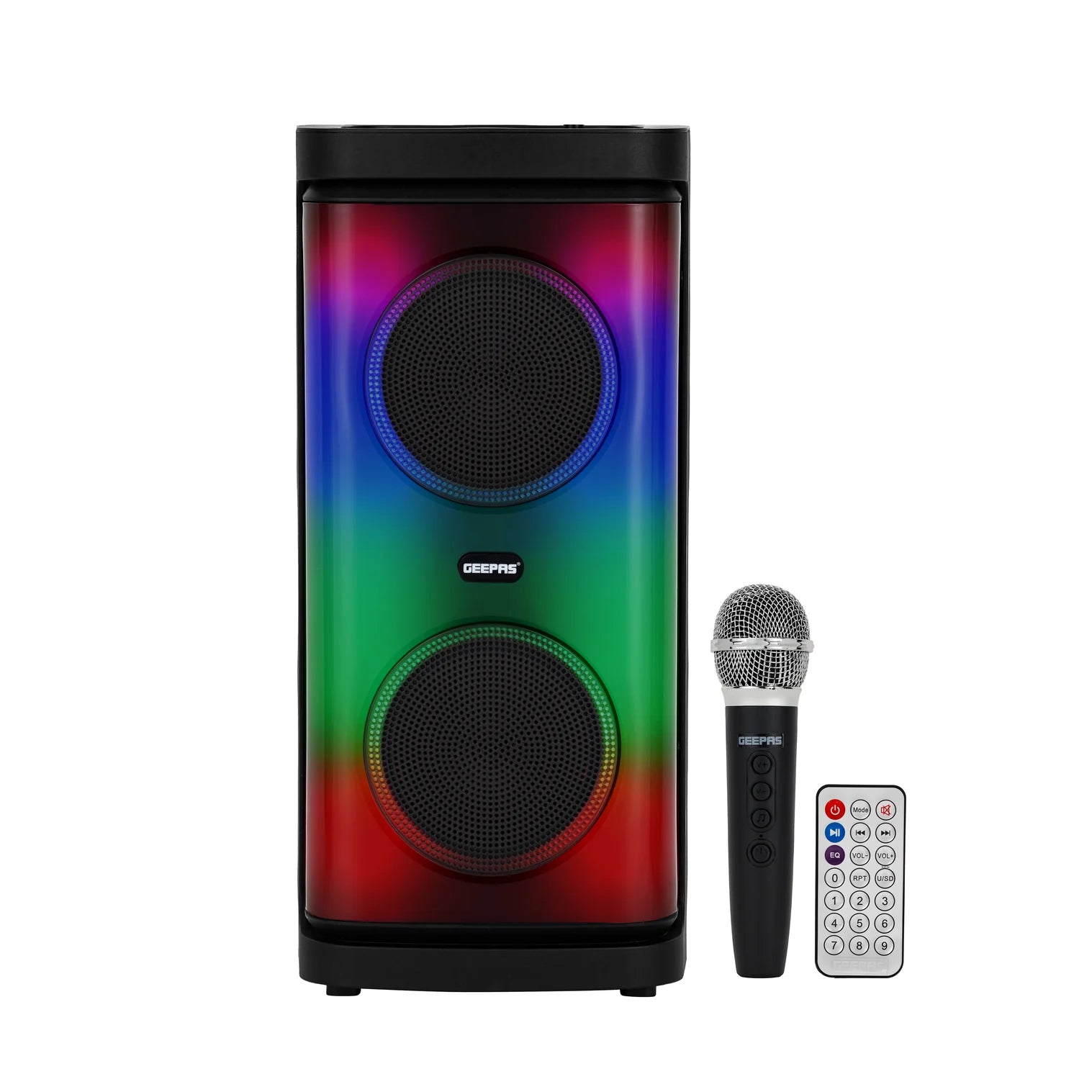 Geepas GMS11193 Rechargeable Portable Speaker – 20000W PMPO, RGB Light, Bluetooth, USB, TF, FM, TWS, VHF Mic, Remote, 2-Year Warranty