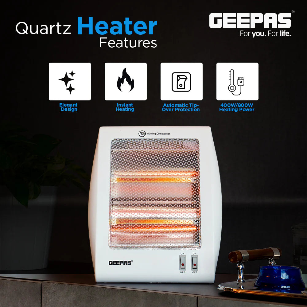 Geepas Quartz Heater GQH28522 | 400W/800W Instant Heating | 2 Heat Settings | Automatic Tip-Over Safety Protection | Energy Efficient | 2 Years Warranty